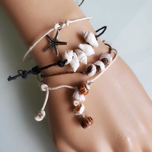 Handcrafted Seashell Starfish Boho Slip Knot String Bracelet Bundle